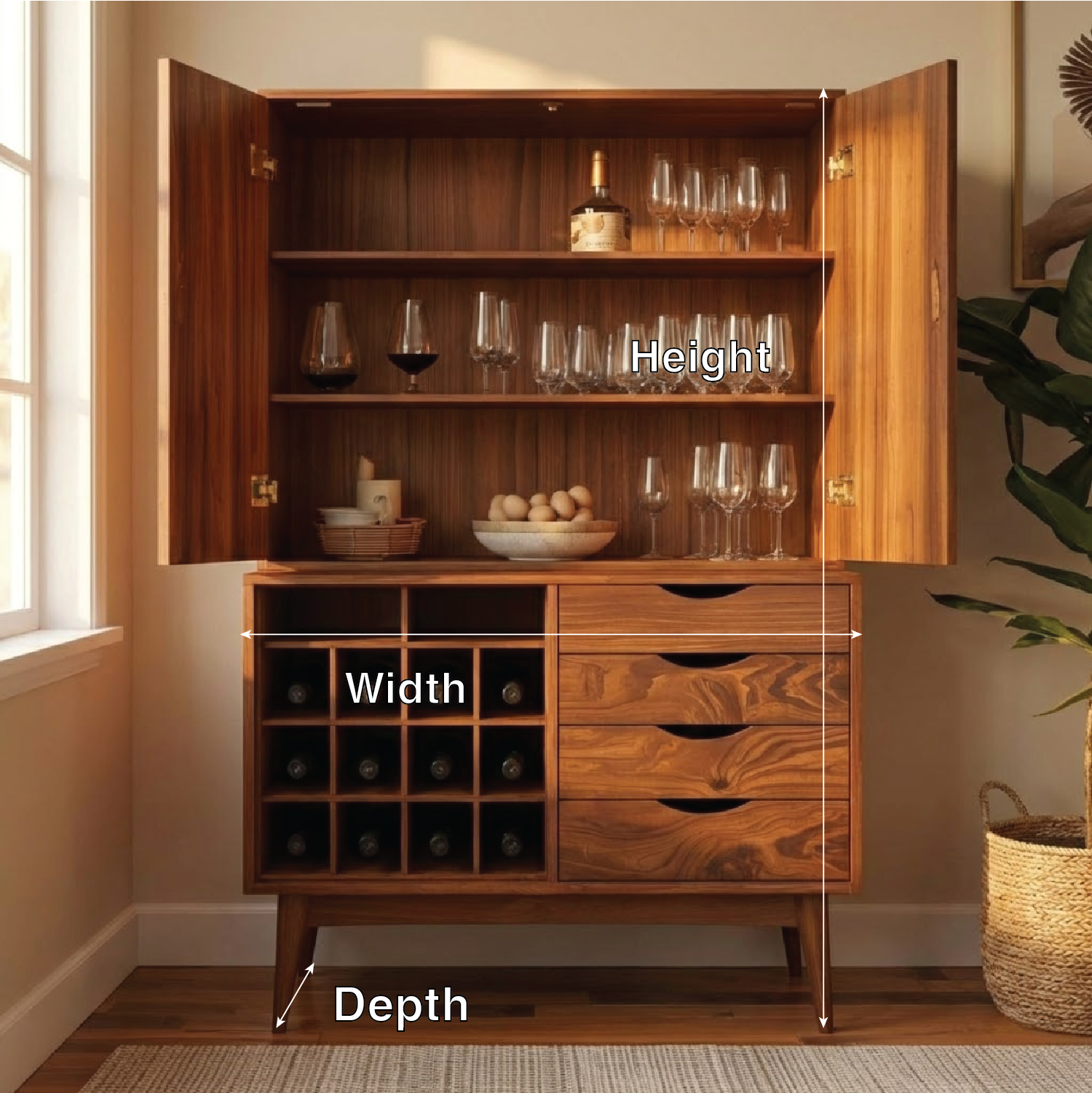 Handcrafted Solid Wood Wine Cabinet Mid Century Bar Storage with Drawers and Bottle Rack