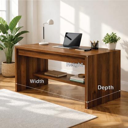 Solid Oak Work Desk with Open Shelf, Handmade Modern Wooden Writing Table