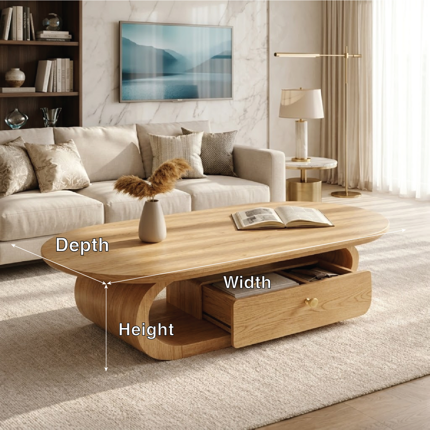 Wooden Coffee Table with Storage Drawer and Curved Modern Design