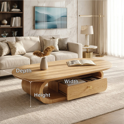 Wooden Coffee Table with Storage Drawer and Curved Modern Design