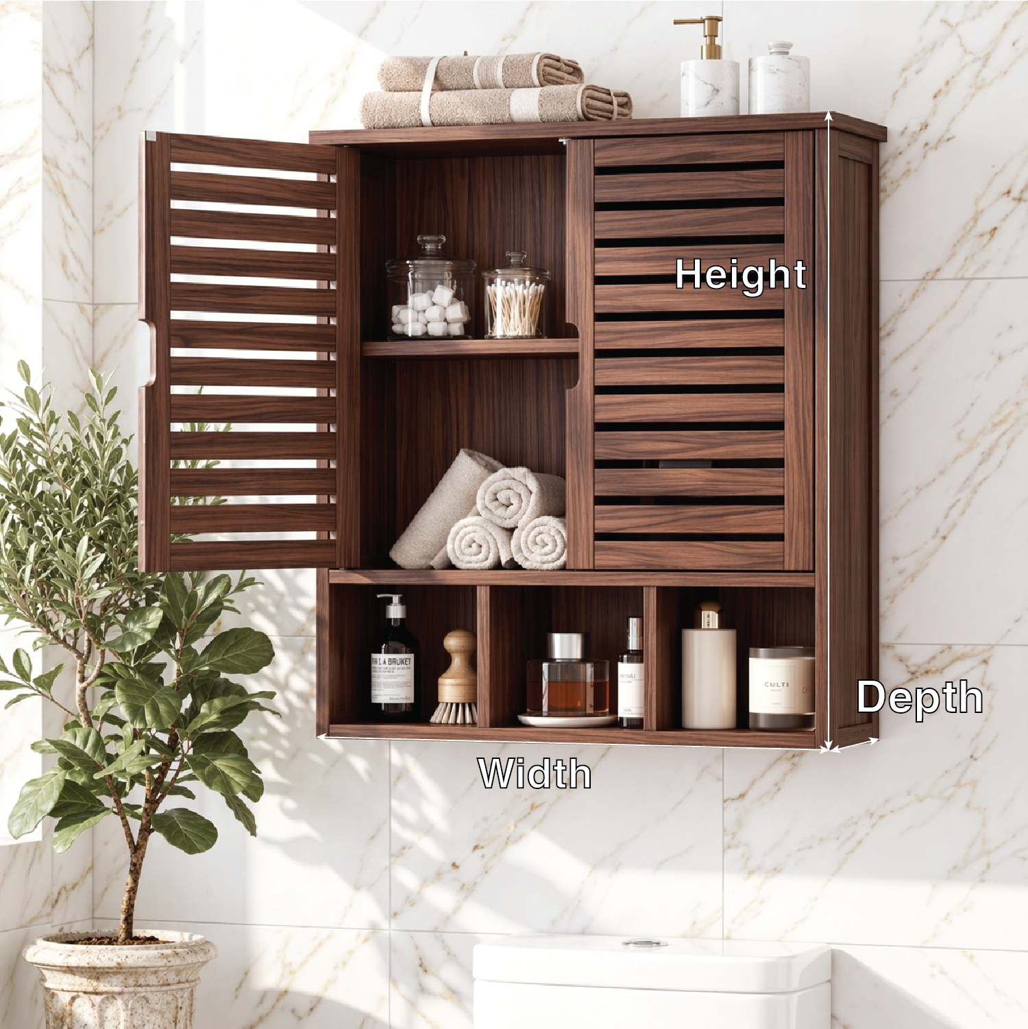 Floating Bathroom Cabinet, Wall-Mounted Slatted Vanity Storage Organizer Shelf Unit
