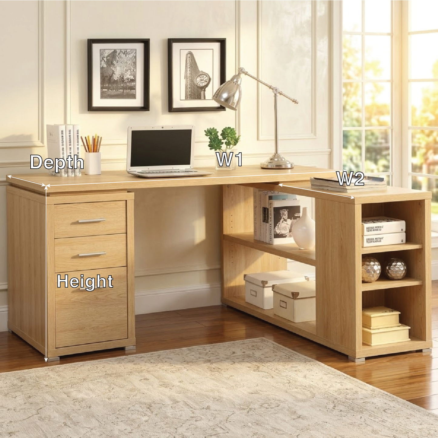 Contemporary L-Shaped Corner Desk with Drawers, Shelves, Home Office Workstation Writing Table