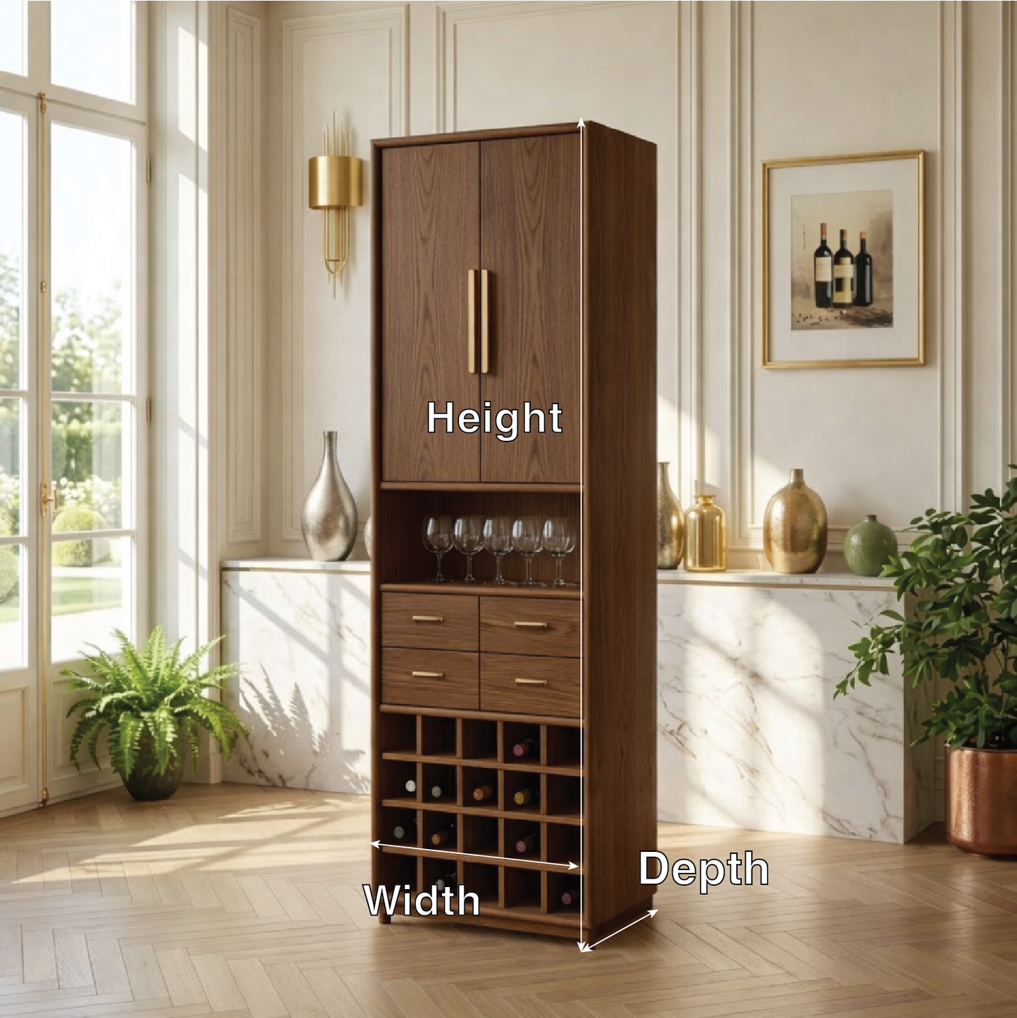 Modern Wine Cabinet with Glass Display, Drawers and Built-In Bottle Rack Storage