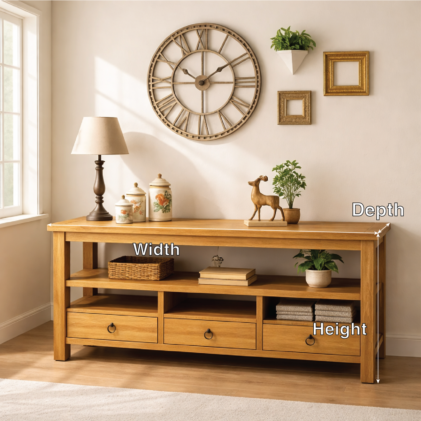 Solid Wood Console Table with Drawers, Rustic Oak Media Console Table with Open Shelves Kitchnce