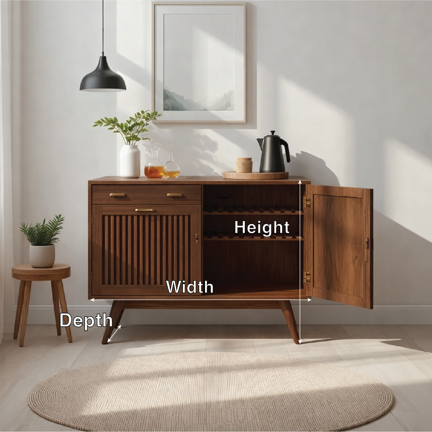 Mid Century Solid Wood Wine Cabinet with Sliding Door and Bottle Rack Storage