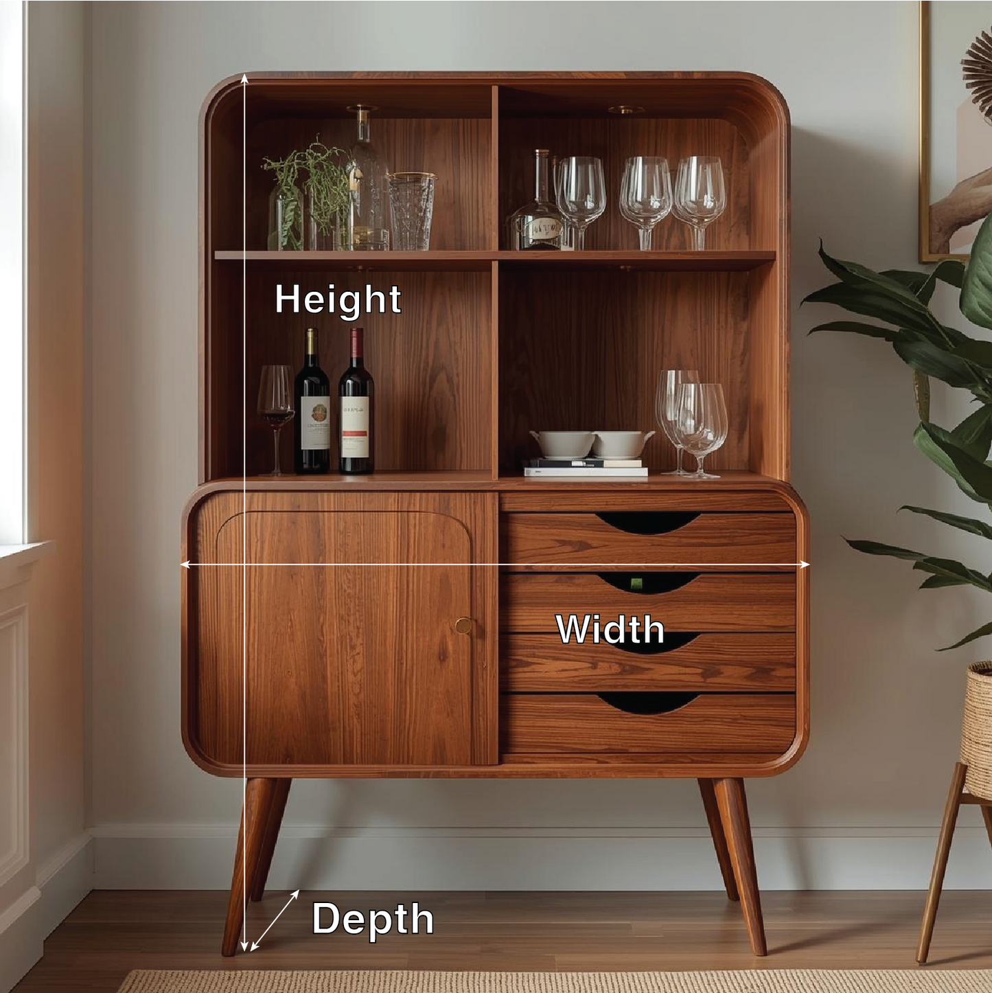 Handcrafted Solid Wood Wine Cabinet Mid Century Bar Storage with Shelves and Drawers