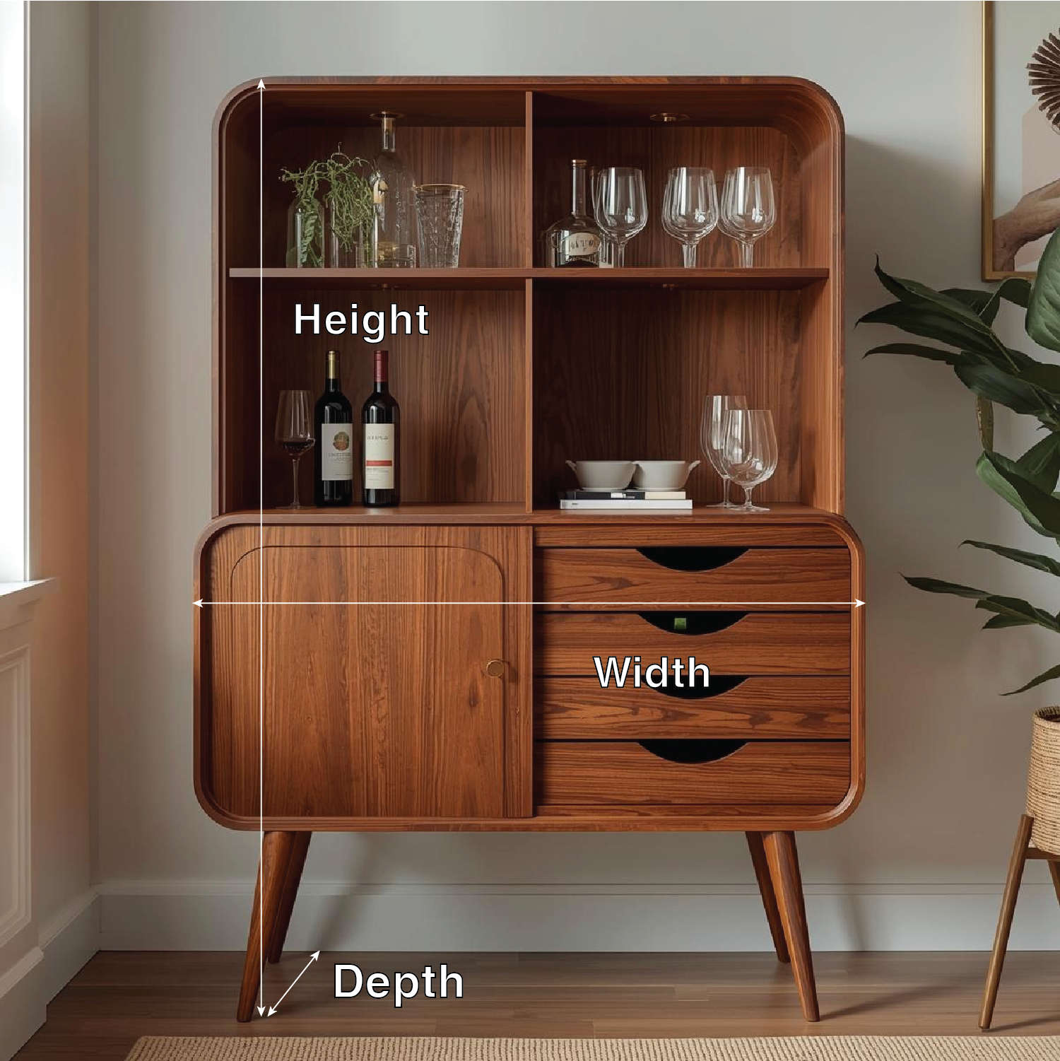 Handcrafted Solid Wood Wine Cabinet Mid Century Bar Storage with Shelves and Drawers