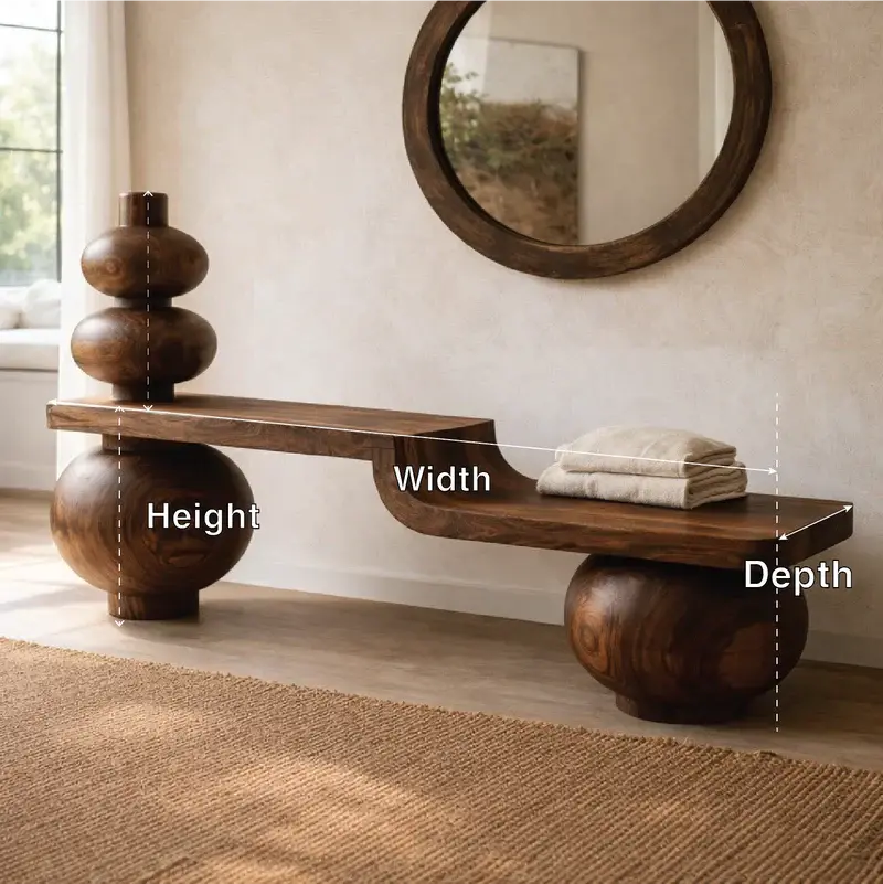 Sculptural Solid Wood Bench, Modern Artistic Entryway Statement Seating Kitchnce