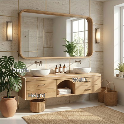 Double Sink Floating Vanity with Oak Wood, Modern and Spacious Design Kitchnce