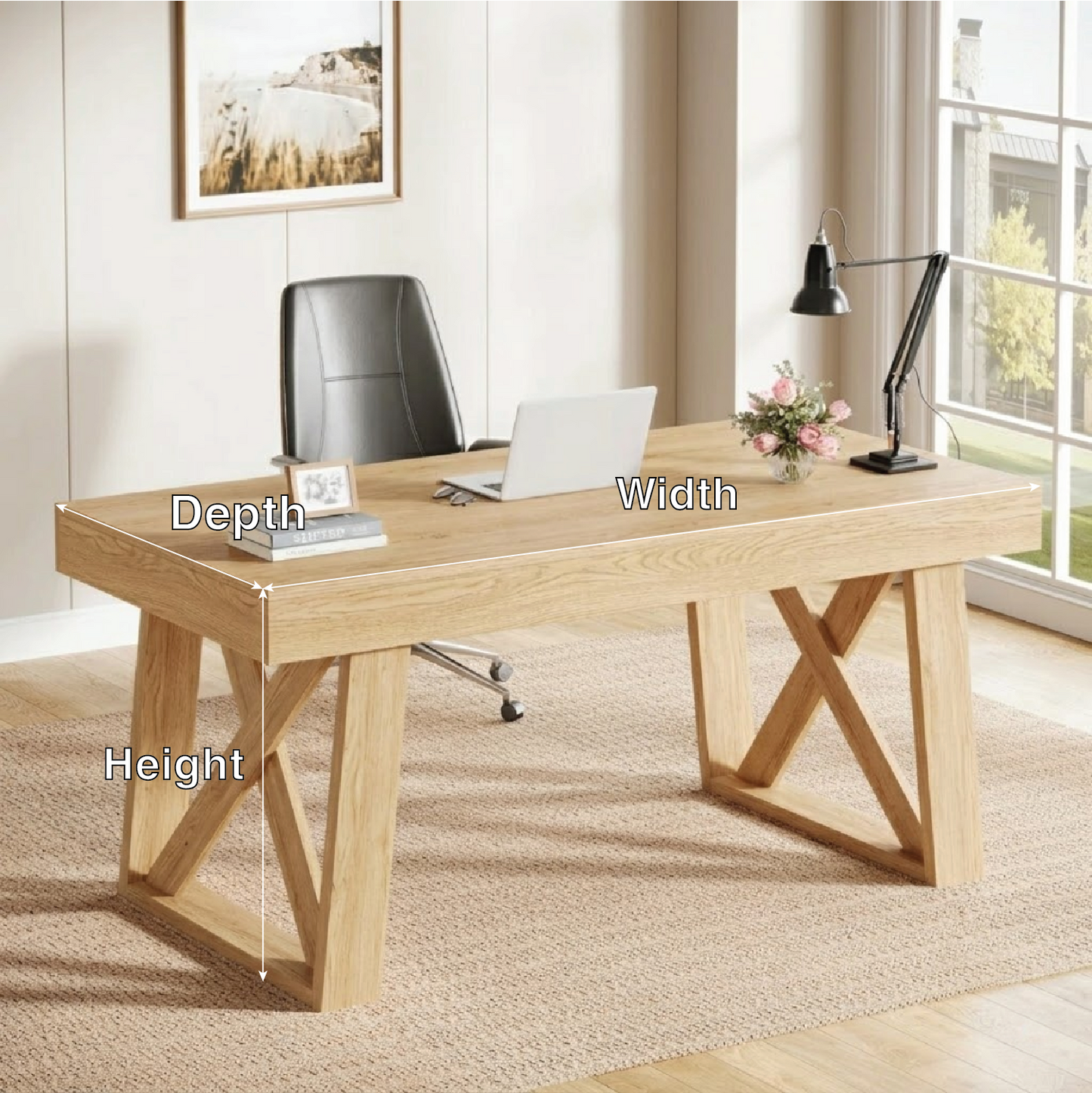 Contemporary Executive Desk with Architectural X-Frame Base, Minimalist Office Workstation Table