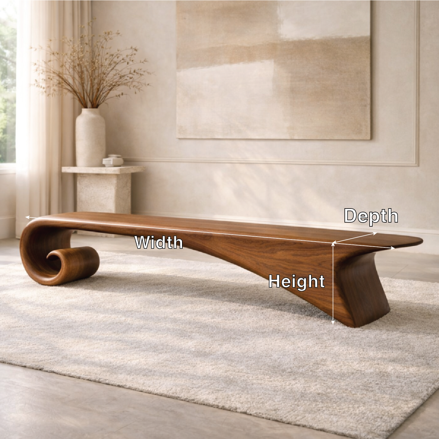 Modern Curved Entryway Bench Sculptural Wooden Hallway Seat Minimalist Furniture