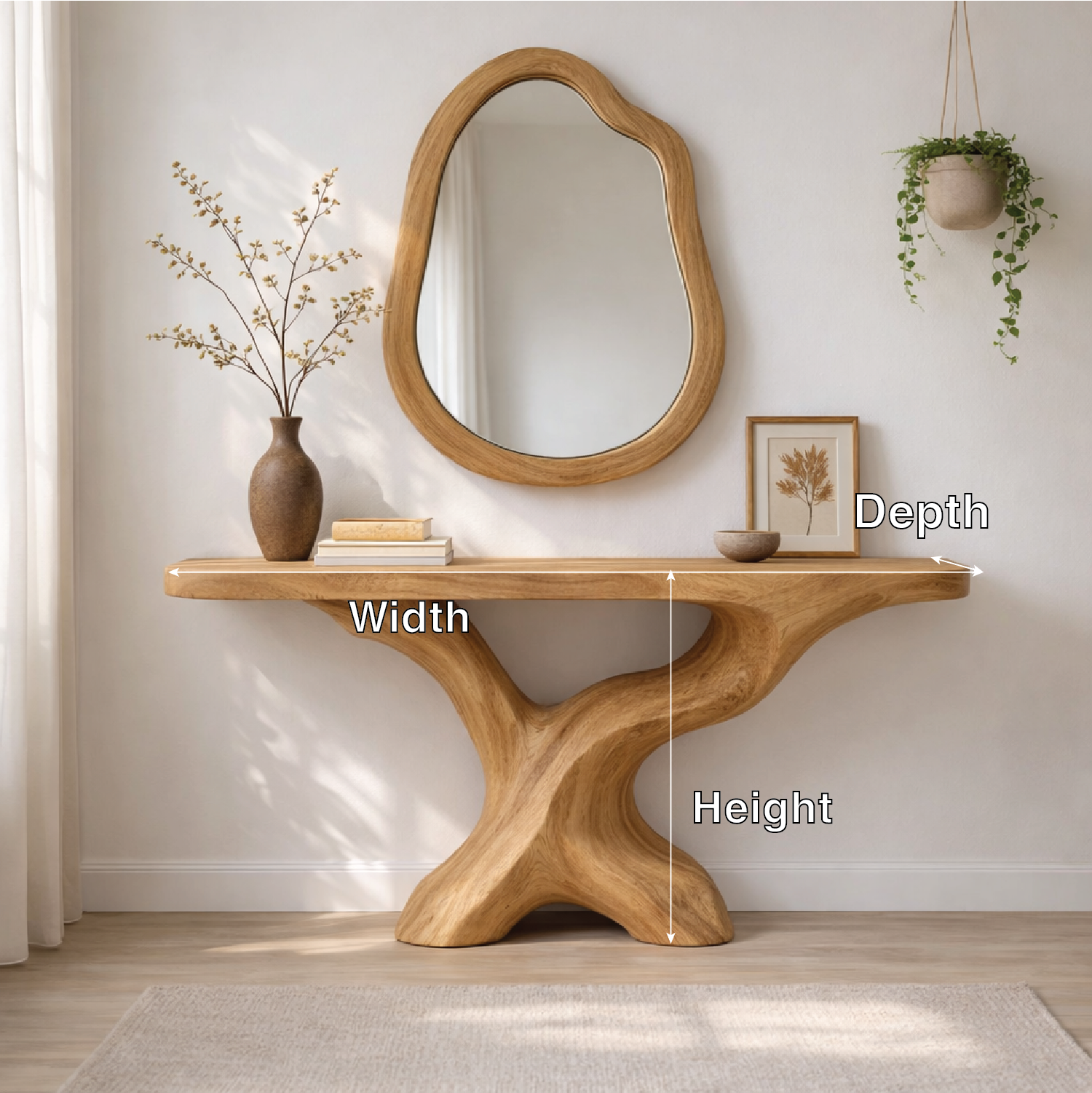 Sculptural Solid Wood Console Table, Organic Tree Base Entryway Table
