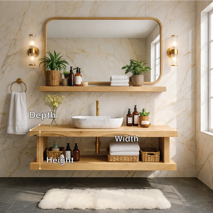 Floating Bathroom Vanity with Natural Wood Shelf Storage and Modern Wall Mounted Design Kitchnce
