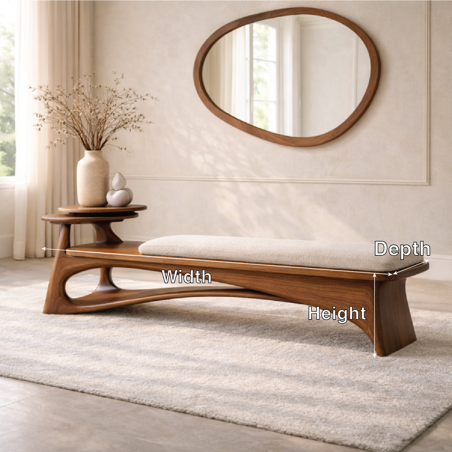 Contemporary Entryway Bench with Side Table Curved Hallway Seat Minimalist Furniture
