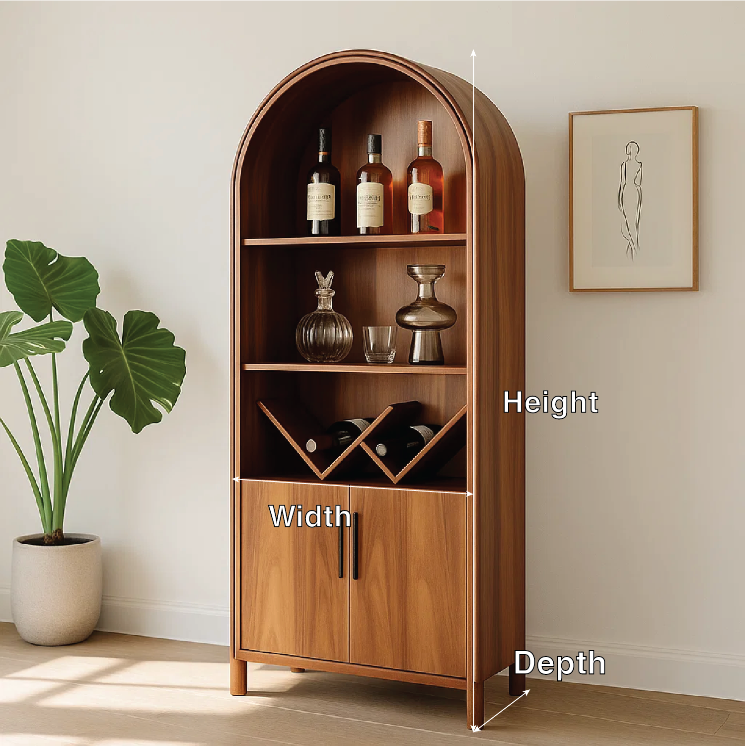 Handcrafted Solid Wood Wine Cabinet Arched Display Shelf Mid Century Modern Bar Storage Furniture