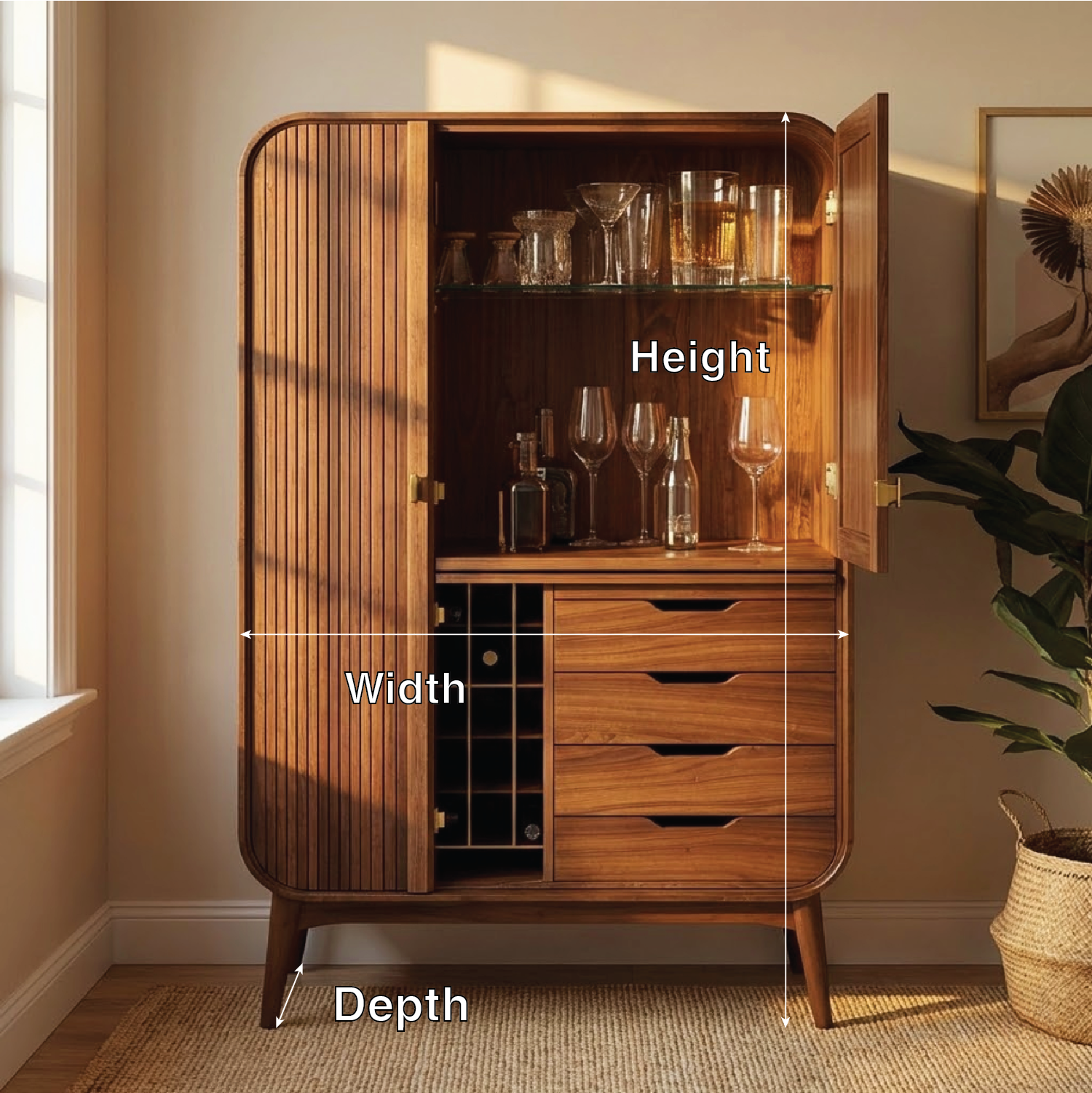 Handcrafted Solid Wood Wine Cabinet Ribbed Door Mid Century Bar Storage with Drawers