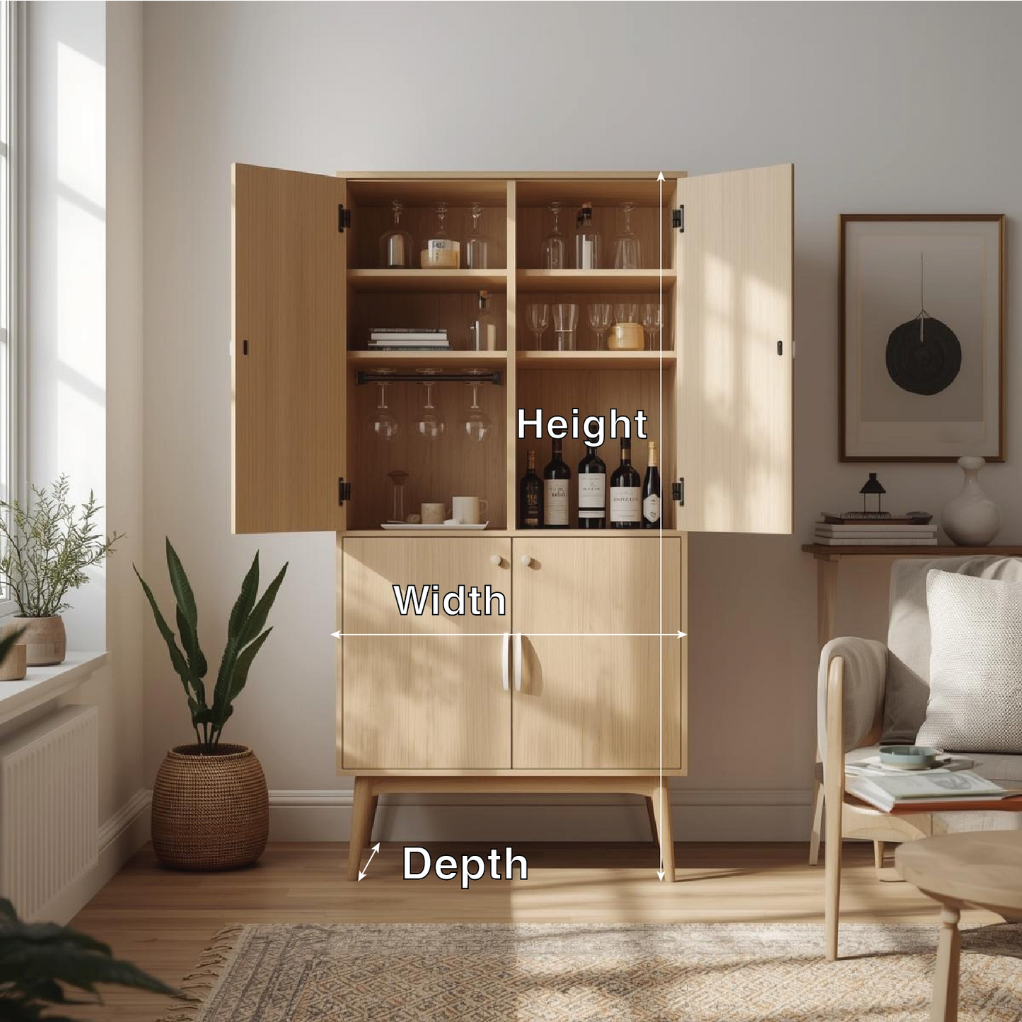 Handcrafted Solid Wood Wine Cabinet Scandinavian Style Bar Storage with Glass Rack