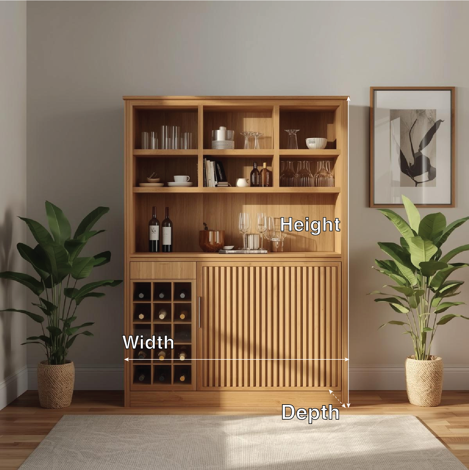 Handcrafted Solid Wood Wine Cabinet with Storage Shelves Modern Home Bar Furniture