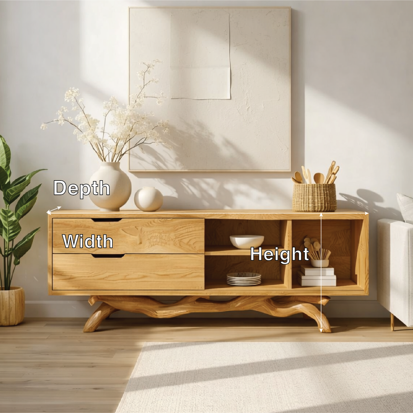 Modern Solid Wood Sideboard with Sculptural Base, Mid Century Storage Cabinet