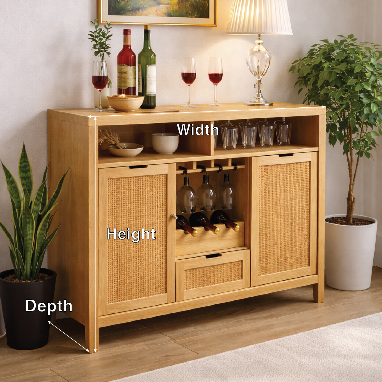 Solid Wood Wine Cabinet with Rattan Doors and Glass Rack Storage