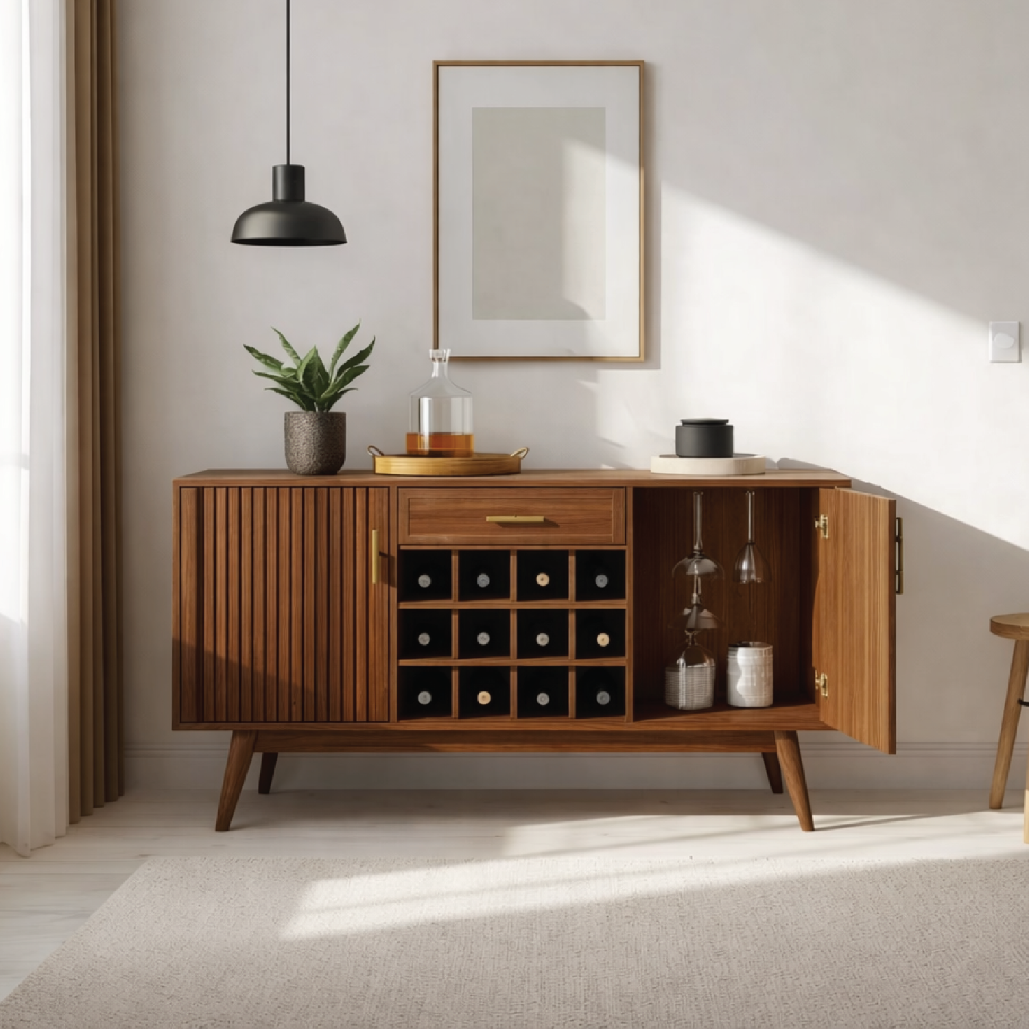 Mid Century Solid Wood Wine Cabinet with Rack and Bar Storage Unit