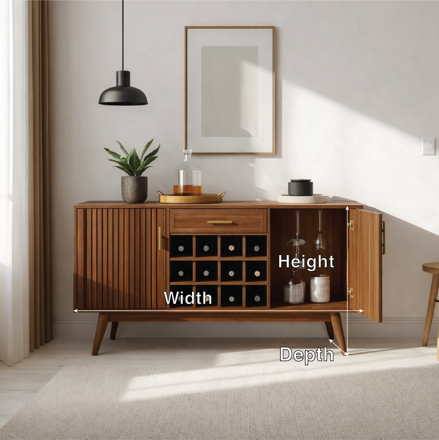 Mid Century Solid Wood Wine Cabinet with Rack and Bar Storage Unit