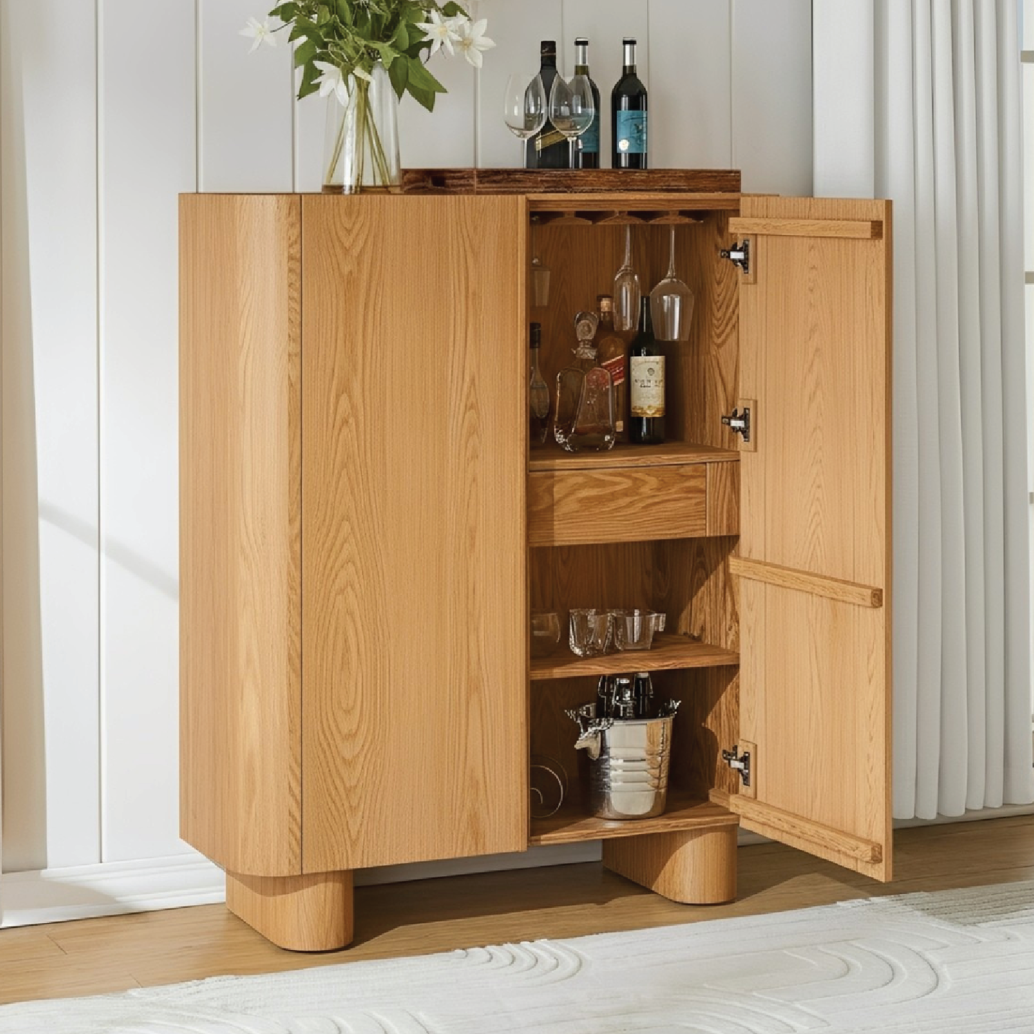 Handcrafted Solid Wood Wine Cabinet Minimal Oak Bar Storage with Hidden Shelves Scandinavian