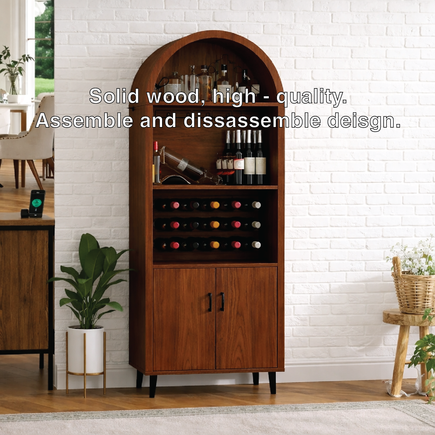 Handcrafted Solid Oak Arched Wine Cabinet Scandinavian Bar Storage with Bottle Display