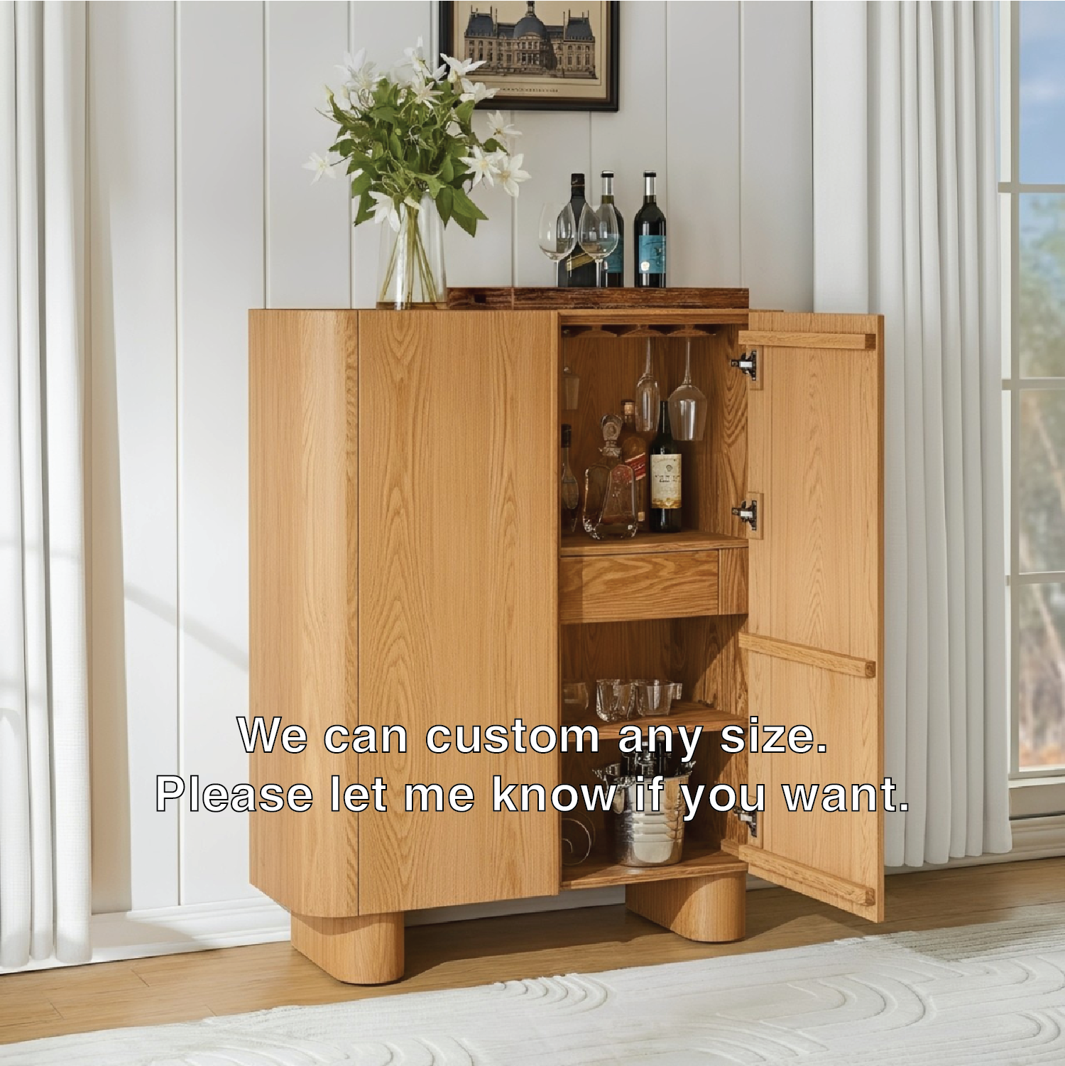 Handcrafted Solid Wood Wine Cabinet Minimal Oak Bar Storage with Hidden Shelves Scandinavian