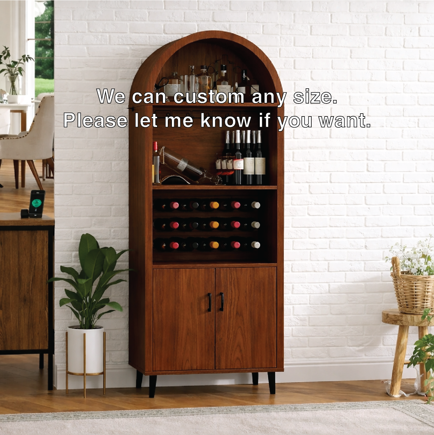 Handcrafted Solid Oak Arched Wine Cabinet Scandinavian Bar Storage with Bottle Display