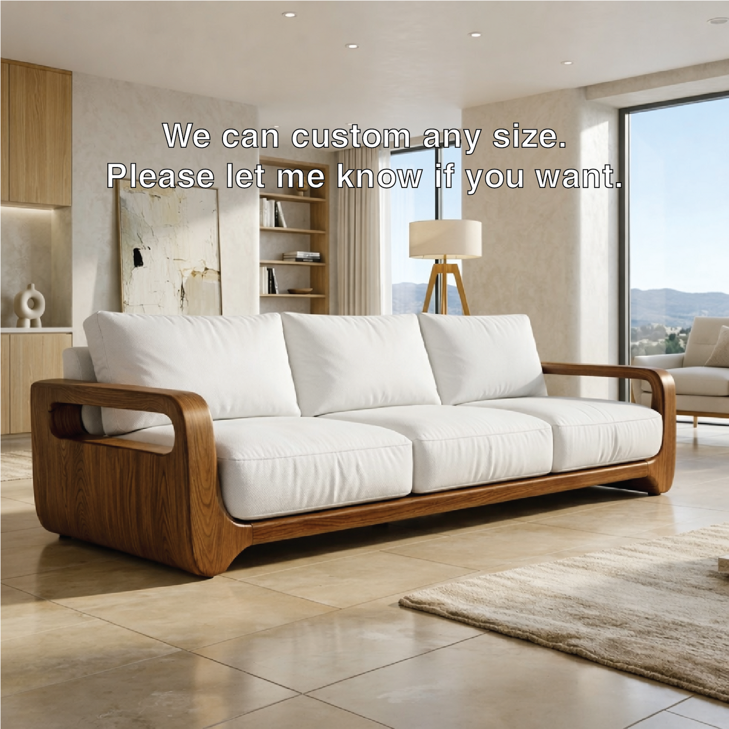 Modern Solid Wood Sofa with White Fabric Cushions Minimalist Japandi Living Couch