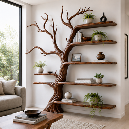 Handcrafted Solid Wood Tree Bookshelf with Open Floating Shelves