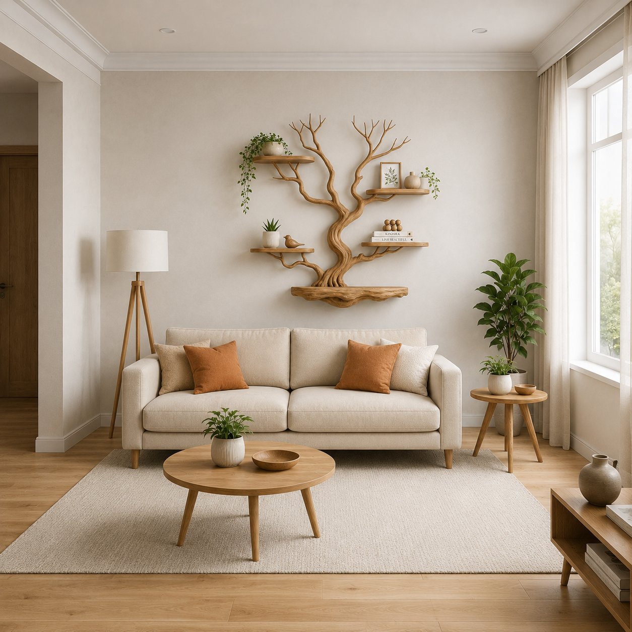 Handcrafted Solid Wood Tree Wall Shelf with Floating Display Shelves