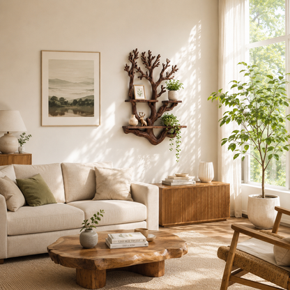 Handcrafted Solid Wood Tree Display Shelf with Organic Branch Design