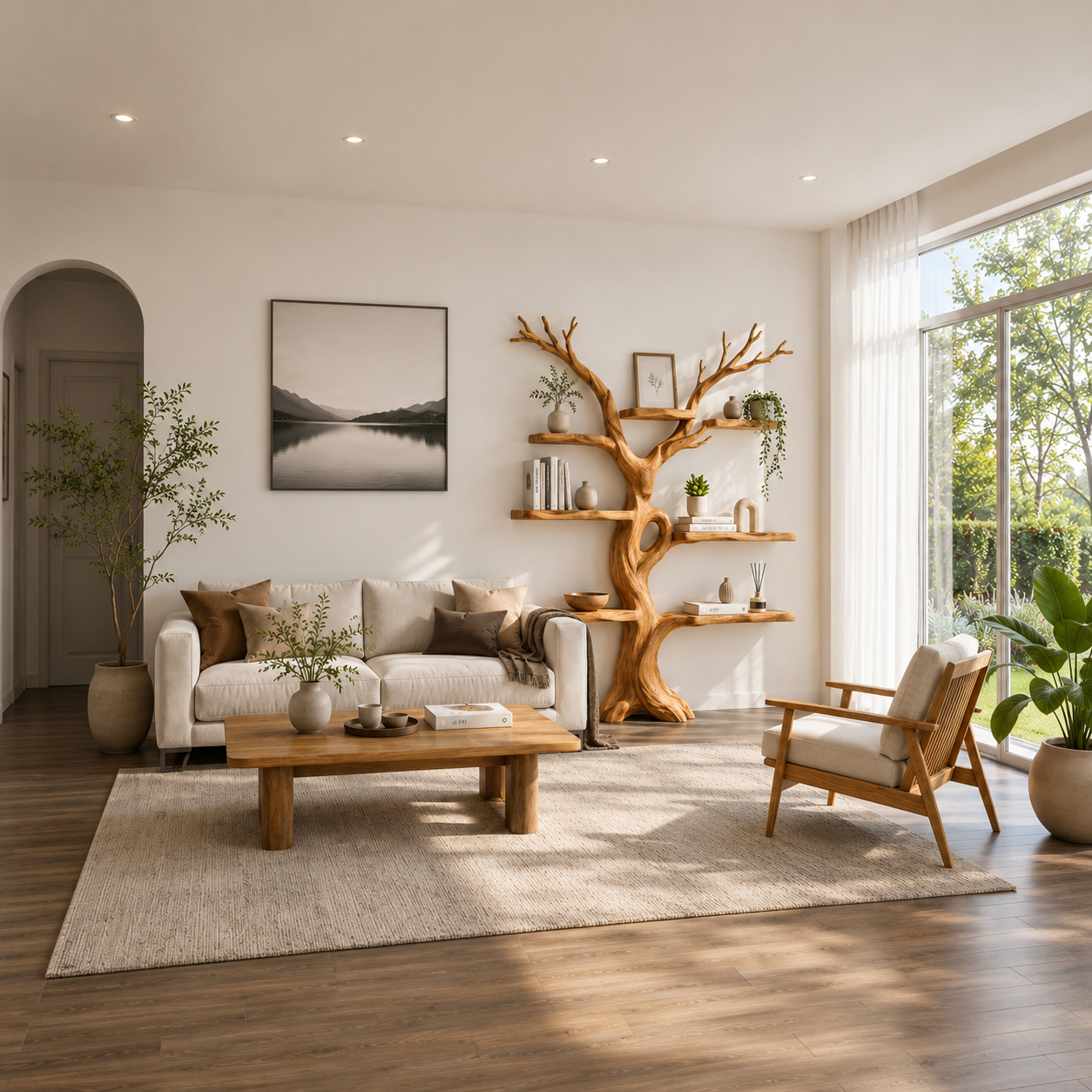 Handcrafted Solid Wood Tree Bookshelf with Asymmetrical Floating Shelves