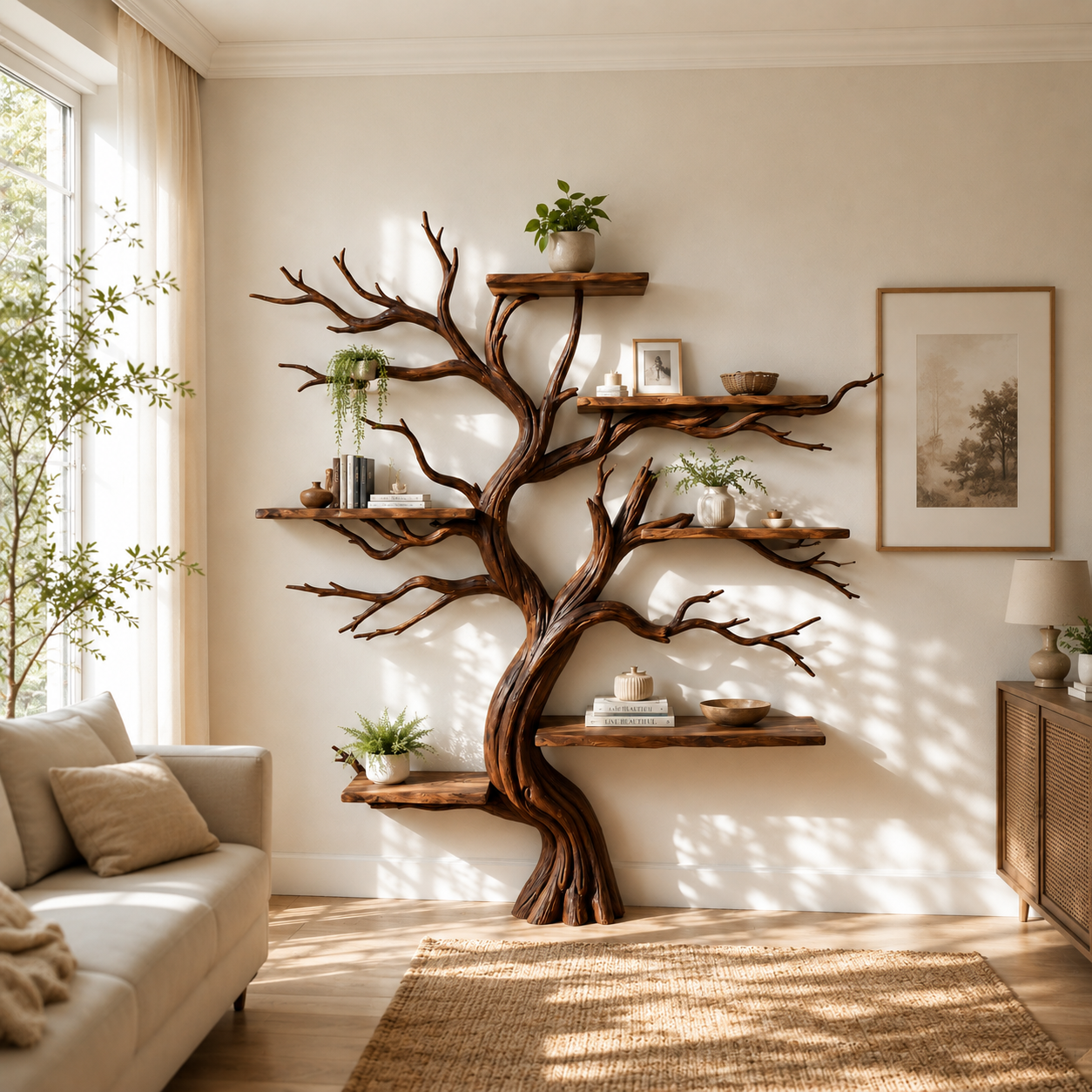 Handcrafted Solid Wood Tree Bookshelf with Twisting Sculptural Branches