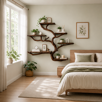 Handcrafted Solid Wood Tree Bookshelf with Curved Floating Shelves