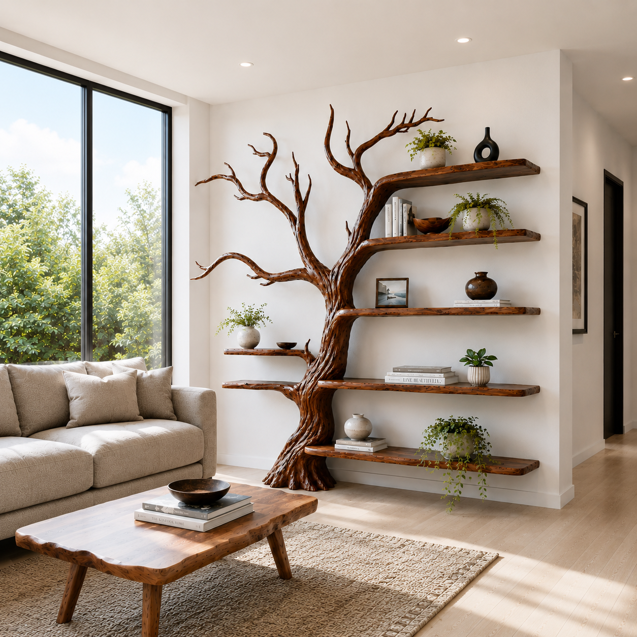 Handcrafted Solid Wood Tree Bookshelf with Open Floating Shelves