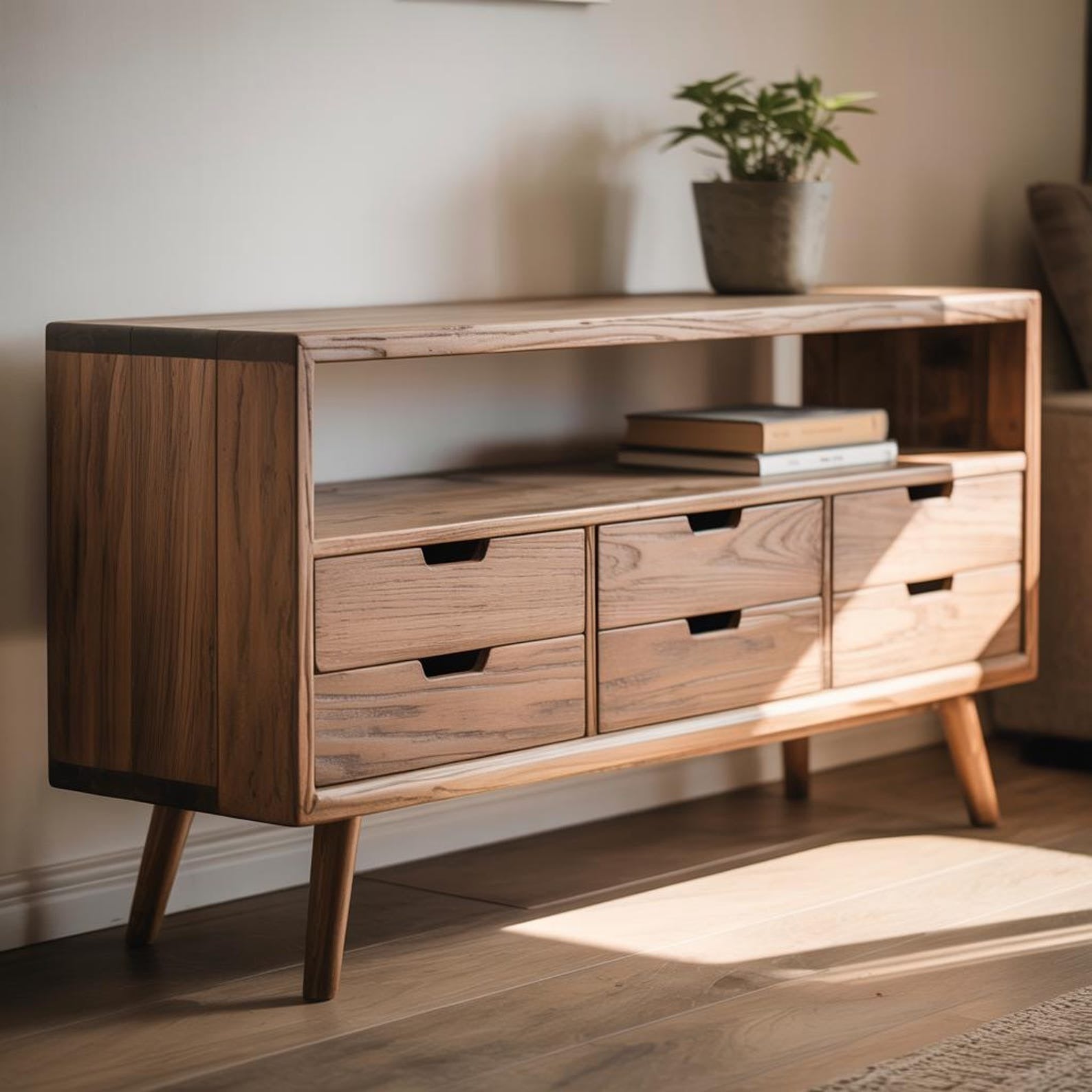 Handcrafted Solid Wood Sideboard – Mid-Century Console Table with Drawers and Open Shelf Kitchnce