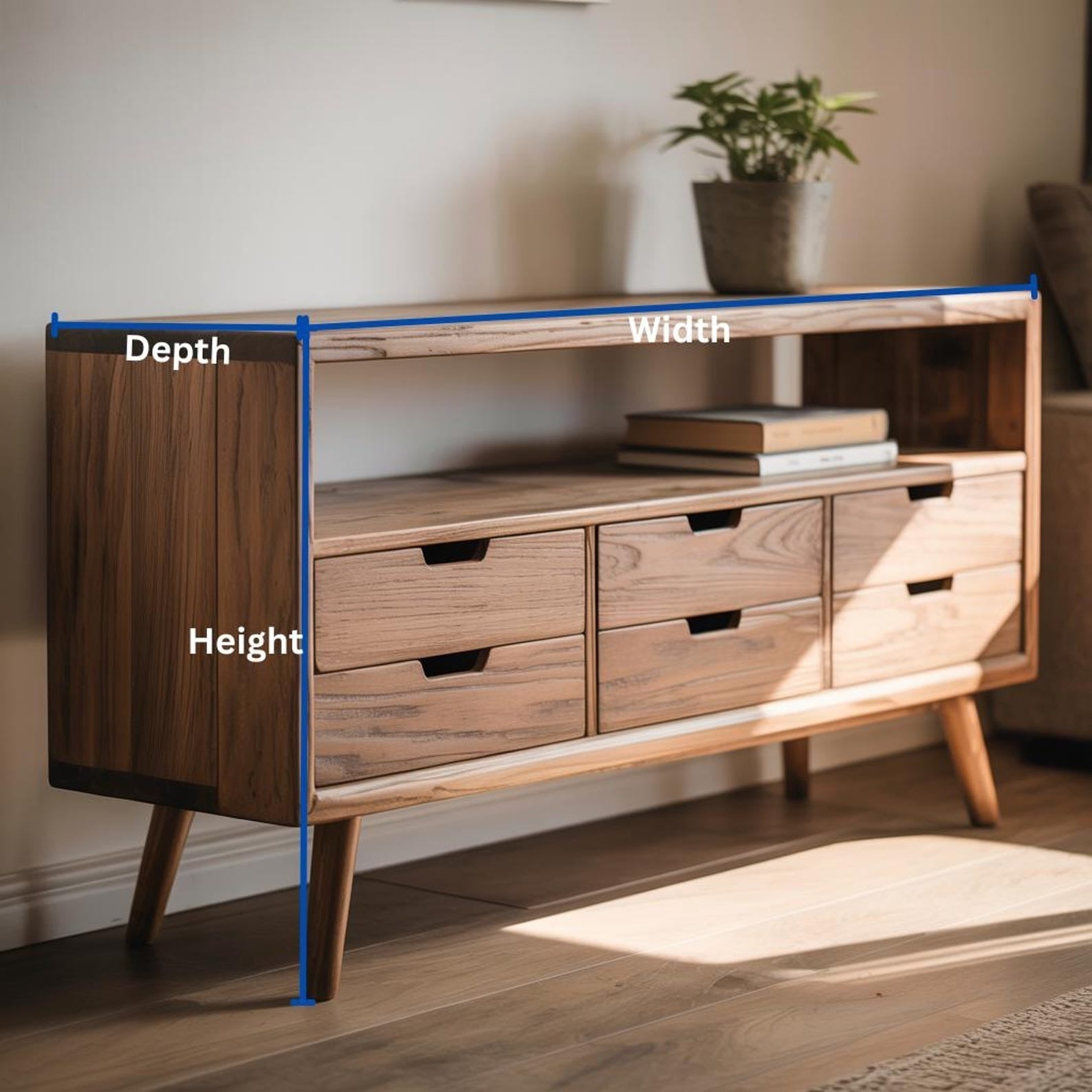 Handcrafted Solid Wood Sideboard – Mid-Century Console Table with Drawers and Open Shelf Kitchnce