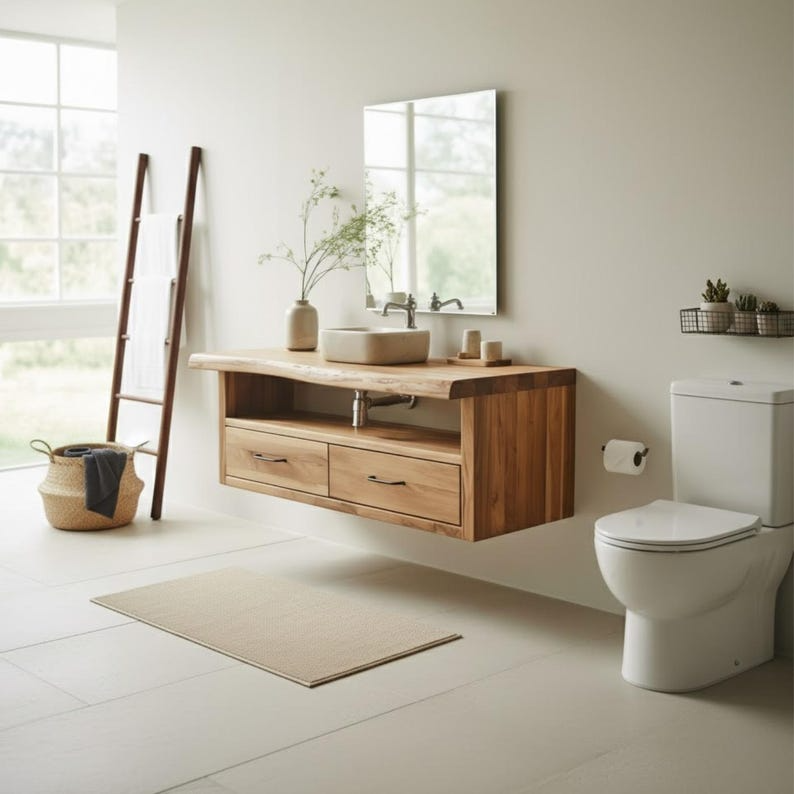 Handcrafted Solid Wood Floating Vanity, Organic Live Edge Two-Tier Console Kitchnce