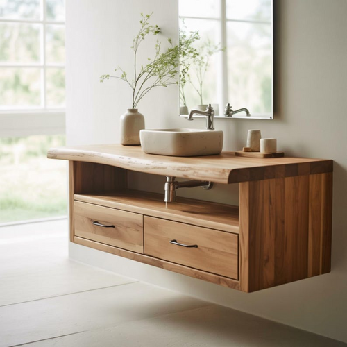 Handcrafted Solid Wood Floating Vanity, Organic Live Edge Two-Tier Console Kitchnce