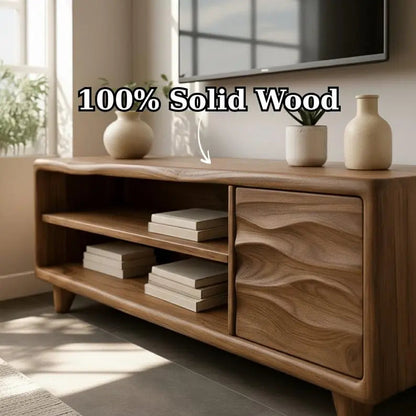 Handcrafted Solid Wood TV Stand, Mid-Century Console with Wave Cabinet Door Kitchnce