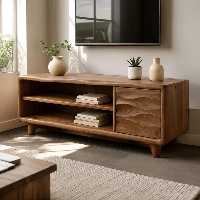 Handcrafted Solid Wood TV Stand, Mid-Century Console with Wave Cabinet Door Kitchnce