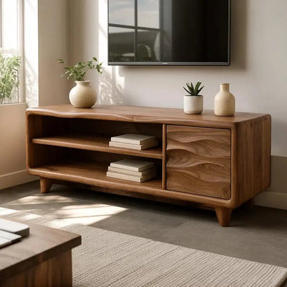 Handcrafted Solid Wood TV Stand, Mid-Century Console with Wave Cabinet Door Kitchnce