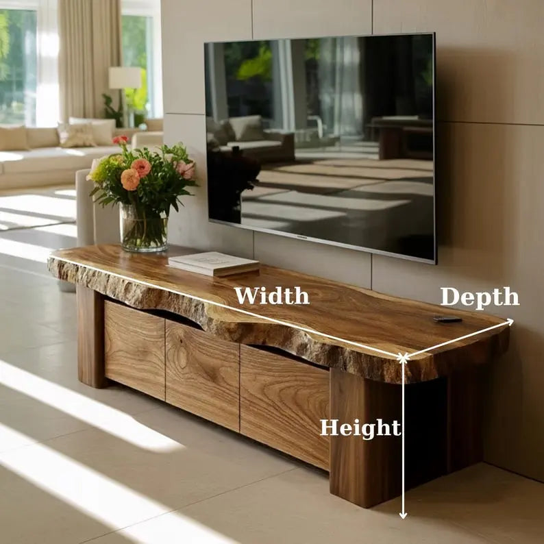 Handcrafted Solid Wood TV Stand, Rustic Live Edge Media Console with 3 Drawers Kitchnce