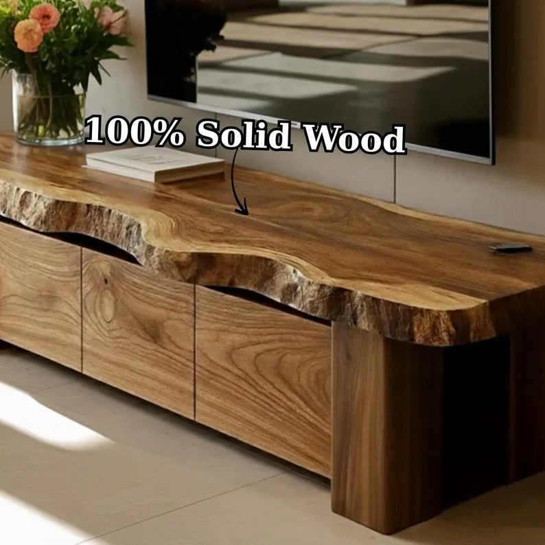 Handcrafted Solid Wood TV Stand, Rustic Live Edge Media Console with 3 Drawers Kitchnce