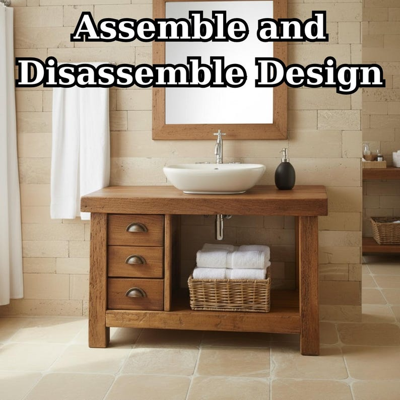 Handcrafted Solid Wood Bathroom Vanity, Rustic Console with 3 Drawers & Shelf Kitchnce