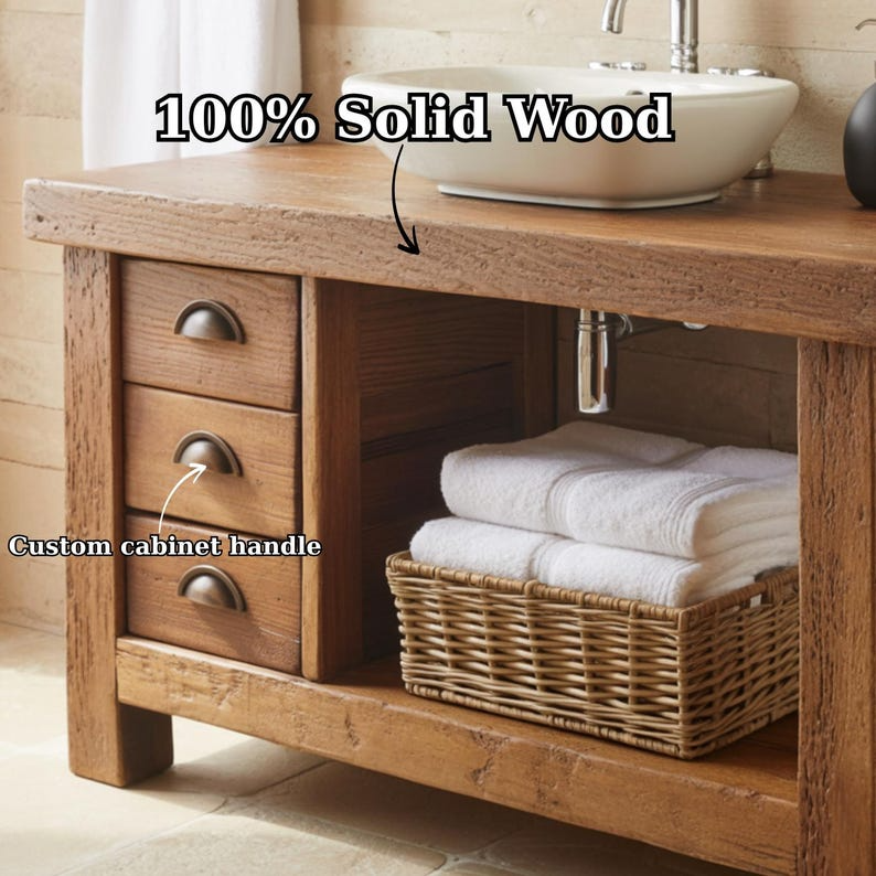 Handcrafted Solid Wood Bathroom Vanity, Rustic Console with 3 Drawers & Shelf Kitchnce