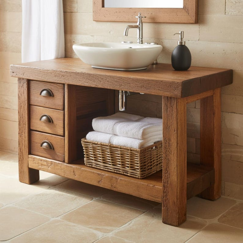 Handcrafted Solid Wood Bathroom Vanity, Rustic Console with 3 Drawers & Shelf Kitchnce